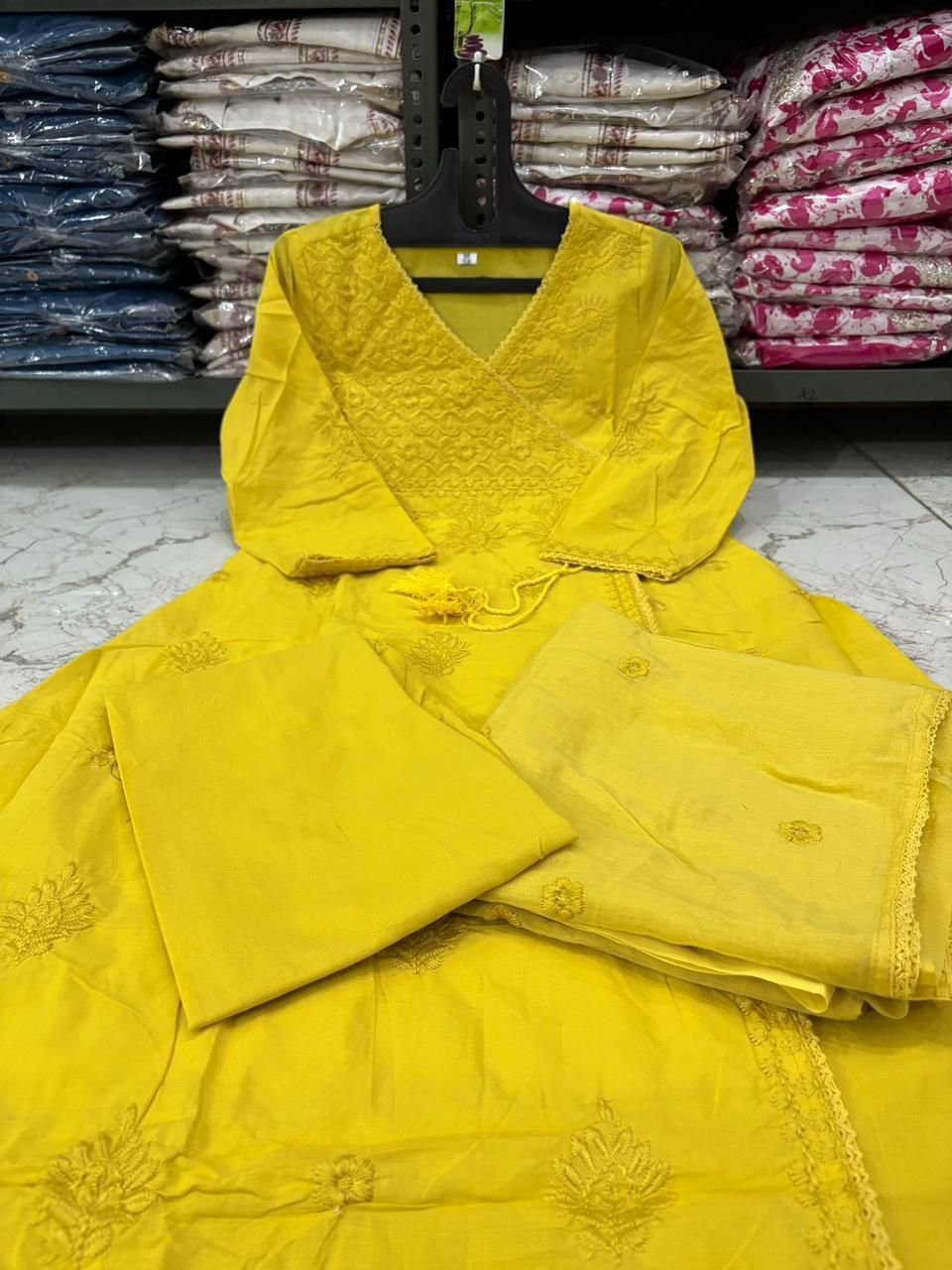 Yellow Cotton Chikankari Angrakha Set